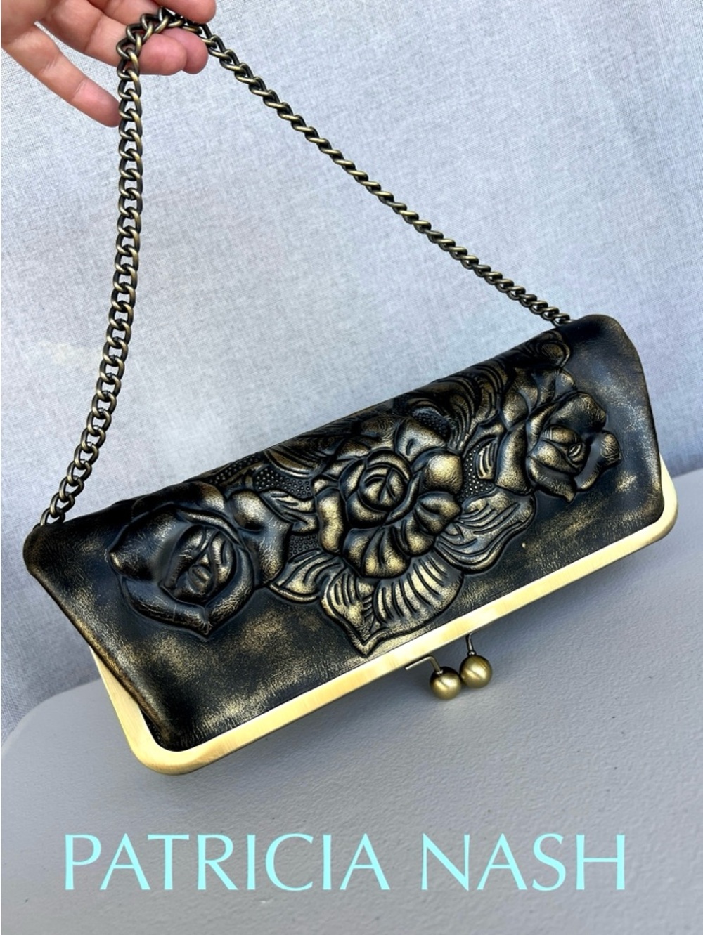 PATRICIA NASH metallic rose leather CLUTCH On Chain /SHOULDER bag brown gold